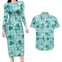 Anthurium Pikake Ti Leaf Palaka Couples Matching Long Sleeve Bodycon Dress and Hawaiian Shirt Turquoise Version
