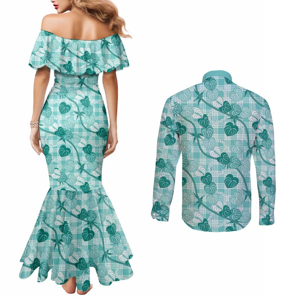 Anthurium Pikake Ti Leaf Palaka Couples Matching Mermaid Dress and Long Sleeve Button Shirt Turquoise Version