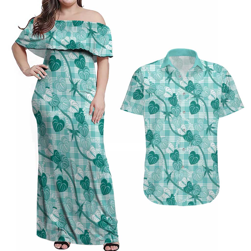 Anthurium Pikake Ti Leaf Palaka Couples Matching Off Shoulder Maxi Dress and Hawaiian Shirt Turquoise Version LT01 Turquoise - Polynesian Pride