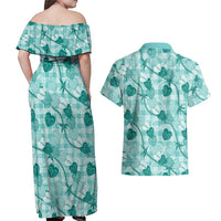 Anthurium Pikake Ti Leaf Palaka Couples Matching Off Shoulder Maxi Dress and Hawaiian Shirt Turquoise Version
