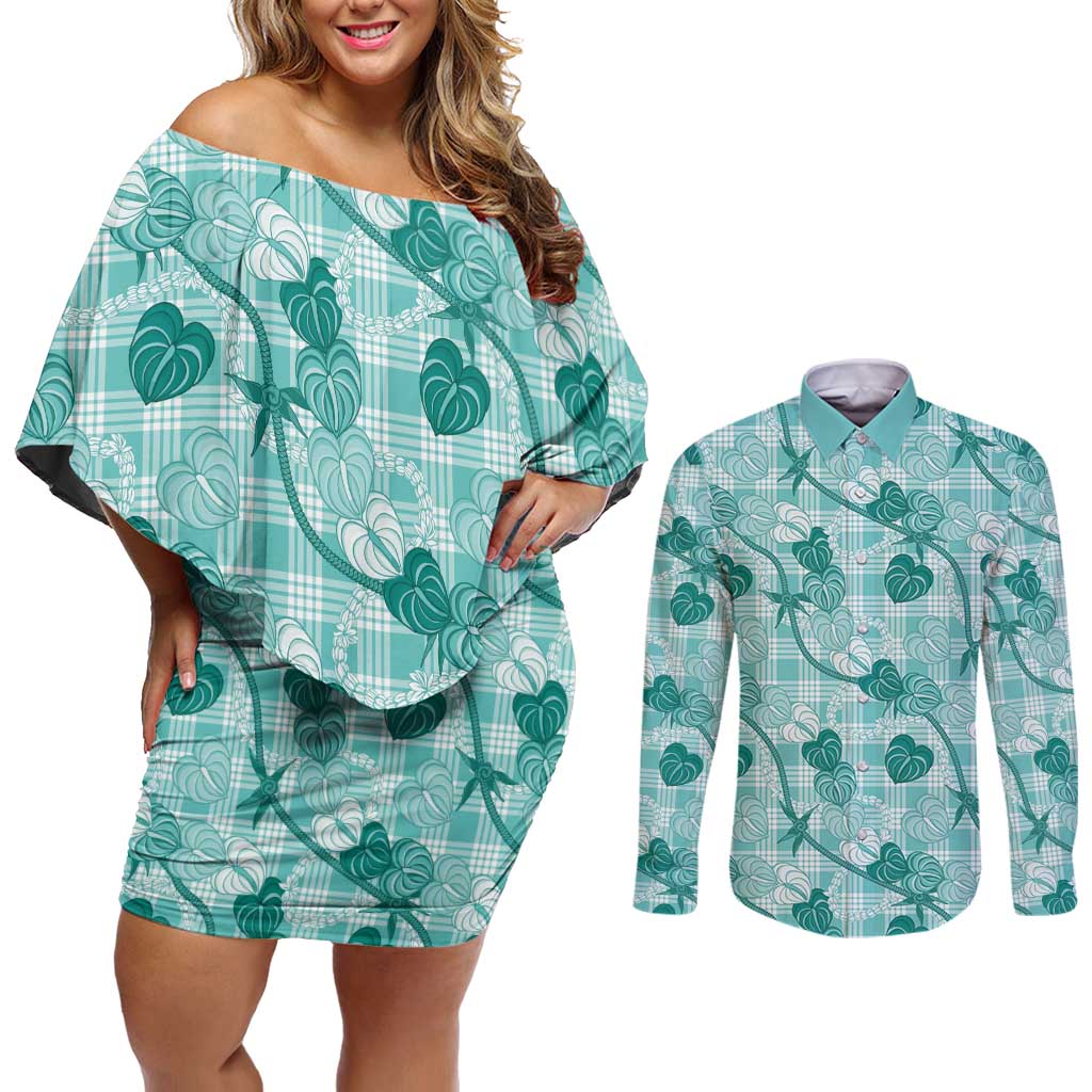 Anthurium Pikake Ti Leaf Palaka Couples Matching Off Shoulder Short Dress and Long Sleeve Button Shirt Turquoise Version LT01 Turquoise - Polynesian Pride