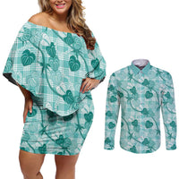 Anthurium Pikake Ti Leaf Palaka Couples Matching Off Shoulder Short Dress and Long Sleeve Button Shirt Turquoise Version