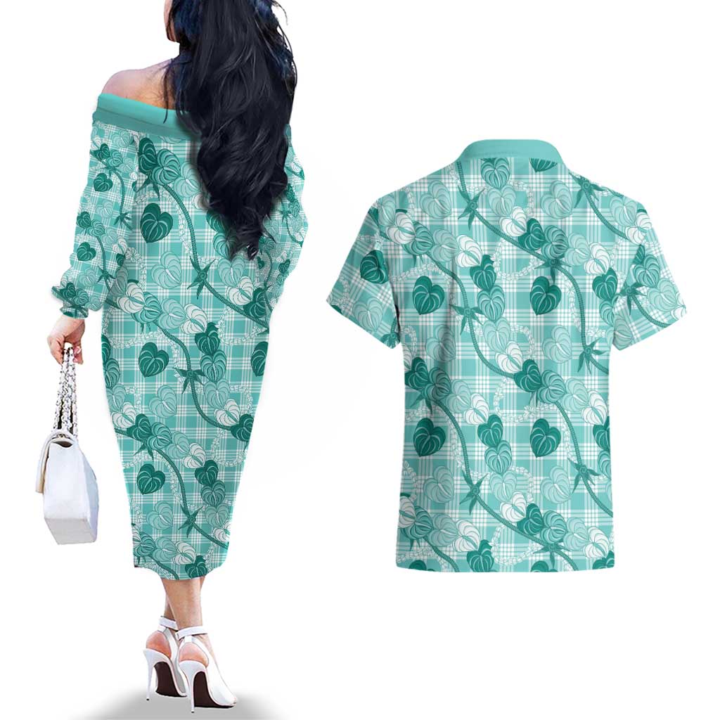 Anthurium Pikake Ti Leaf Palaka Couples Matching Off The Shoulder Long Sleeve Dress and Hawaiian Shirt Turquoise Version