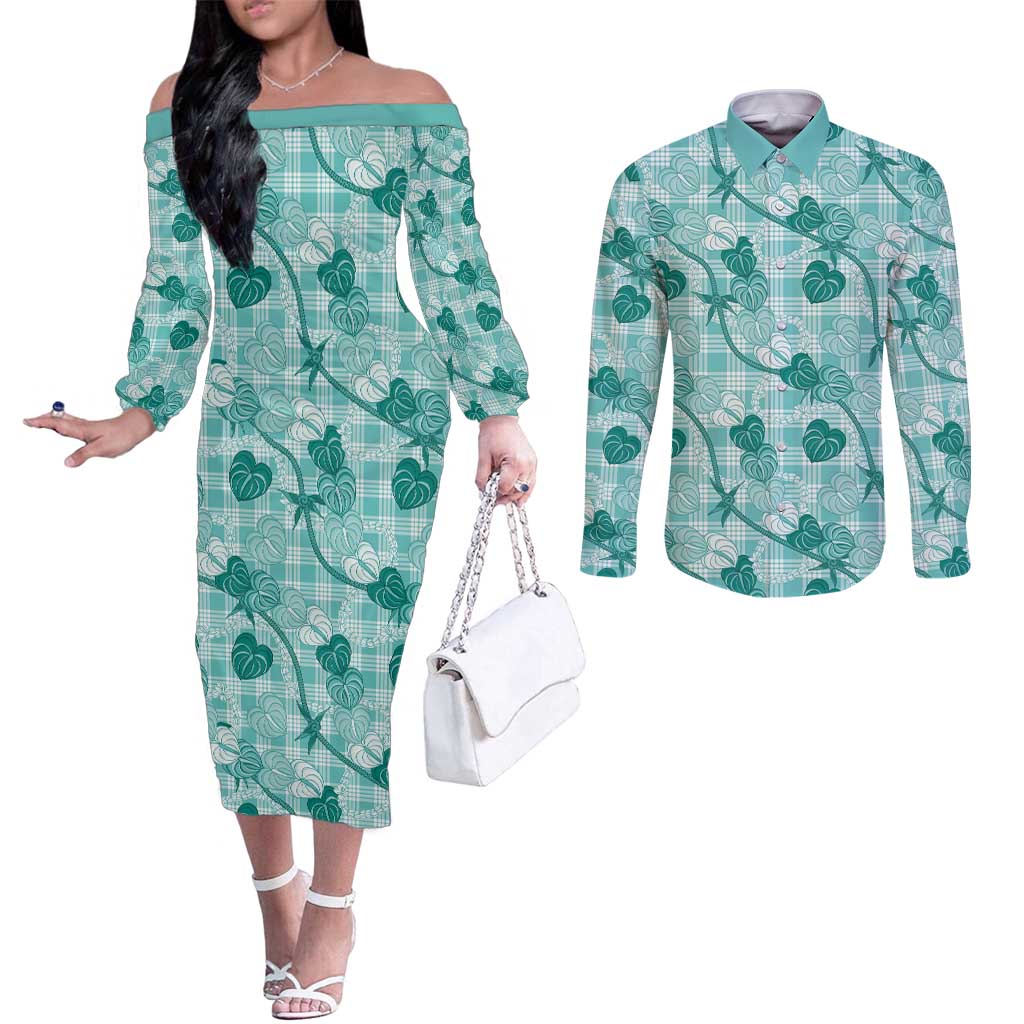 Anthurium Pikake Ti Leaf Palaka Couples Matching Off The Shoulder Long Sleeve Dress and Long Sleeve Button Shirt Turquoise Version LT01 Turquoise - Polynesian Pride