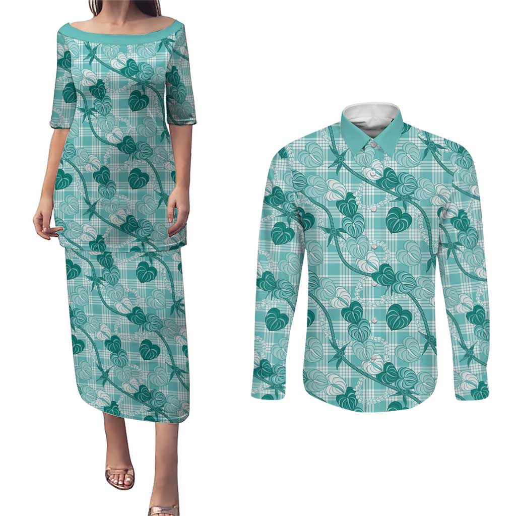 Anthurium Pikake Ti Leaf Palaka Couples Matching Puletasi and Long Sleeve Button Shirt Turquoise Version LT01 Turquoise - Polynesian Pride