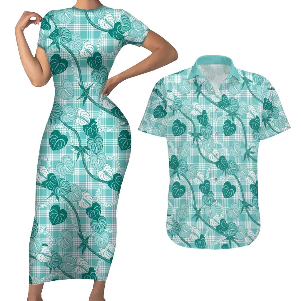 Anthurium Pikake Ti Leaf Palaka Couples Matching Short Sleeve Bodycon Dress and Hawaiian Shirt Turquoise Version