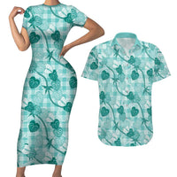 Anthurium Pikake Ti Leaf Palaka Couples Matching Short Sleeve Bodycon Dress and Hawaiian Shirt Turquoise Version