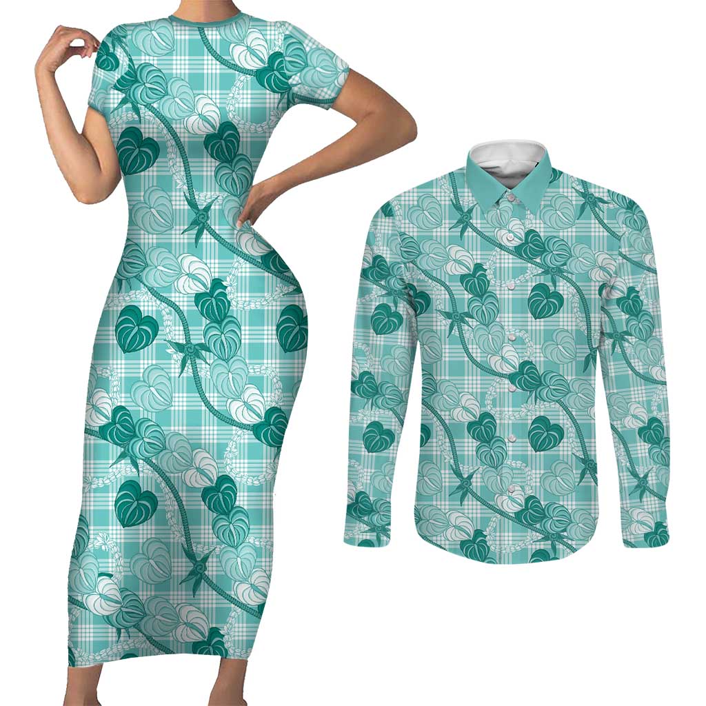 Anthurium Pikake Ti Leaf Palaka Couples Matching Short Sleeve Bodycon Dress and Long Sleeve Button Shirt Turquoise Version LT01 Turquoise - Polynesian Pride