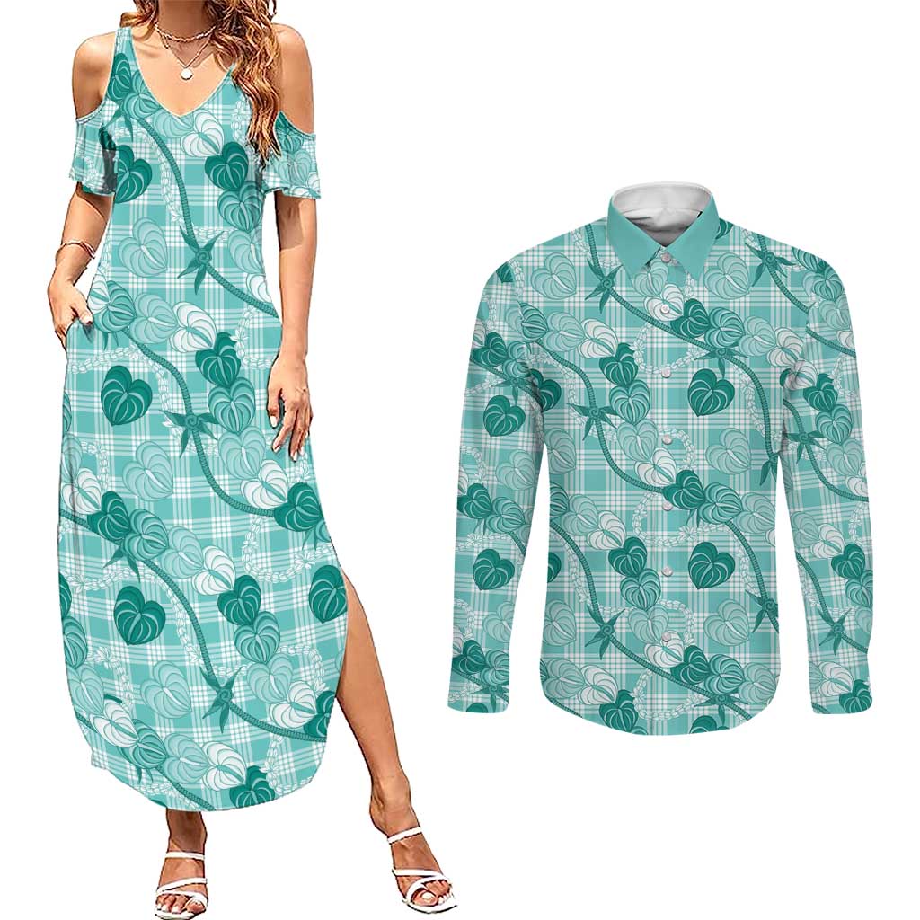 Anthurium Pikake Ti Leaf Palaka Couples Matching Summer Maxi Dress and Long Sleeve Button Shirt Turquoise Version LT01 Turquoise - Polynesian Pride