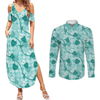 Anthurium Pikake Ti Leaf Palaka Couples Matching Summer Maxi Dress and Long Sleeve Button Shirt Turquoise Version