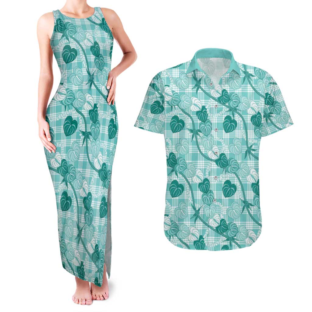 Anthurium Pikake Ti Leaf Palaka Couples Matching Tank Maxi Dress and Hawaiian Shirt Turquoise Version LT01 Turquoise - Polynesian Pride