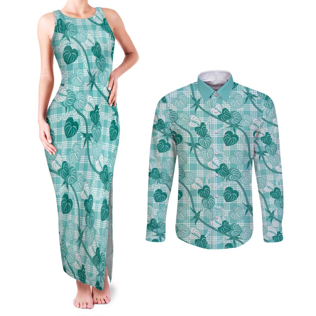 Anthurium Pikake Ti Leaf Palaka Couples Matching Tank Maxi Dress and Long Sleeve Button Shirt Turquoise Version LT01 Turquoise - Polynesian Pride