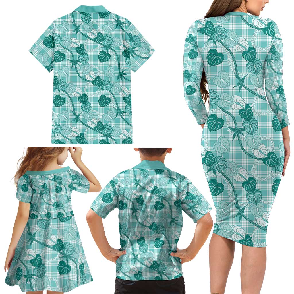 Anthurium Pikake Ti Leaf Palaka Family Matching Long Sleeve Bodycon Dress and Hawaiian Shirt Turquoise Version LT01 - Polynesian Pride