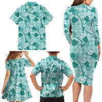 Anthurium Pikake Ti Leaf Palaka Family Matching Long Sleeve Bodycon Dress and Hawaiian Shirt Turquoise Version LT01 - Polynesian Pride