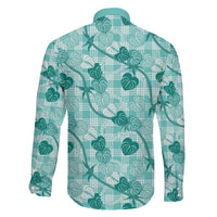 Anthurium Pikake Ti Leaf Palaka Family Matching Long Sleeve Bodycon Dress and Hawaiian Shirt Turquoise Version LT01 - Polynesian Pride