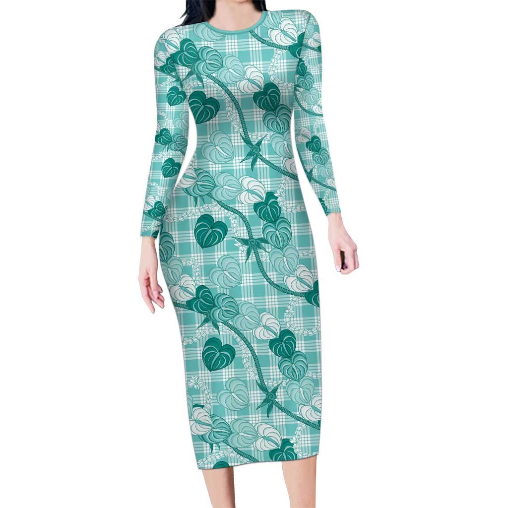 Anthurium Pikake Ti Leaf Palaka Family Matching Long Sleeve Bodycon Dress and Hawaiian Shirt Turquoise Version LT01 Mom's Dress Turquoise - Polynesian Pride