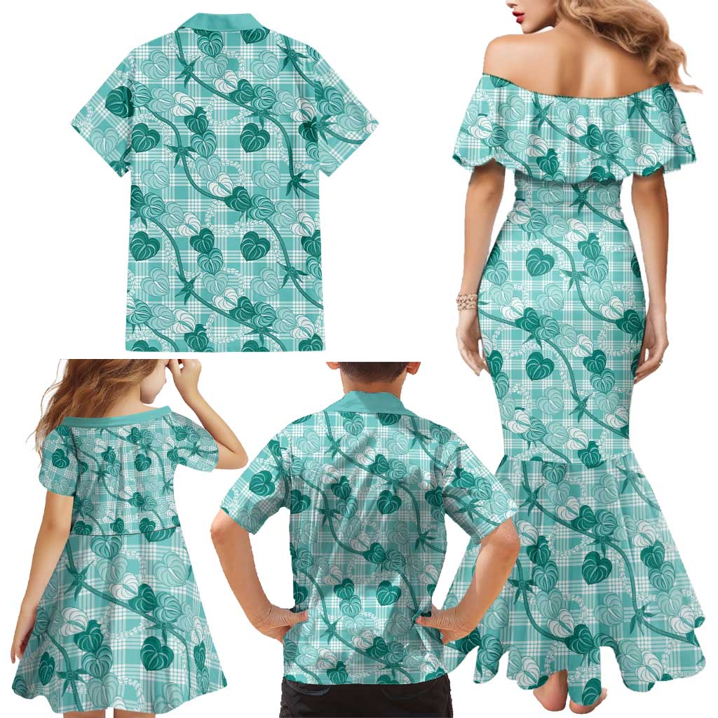Anthurium Pikake Ti Leaf Palaka Family Matching Mermaid Dress and Hawaiian Shirt Turquoise Version LT01 - Polynesian Pride
