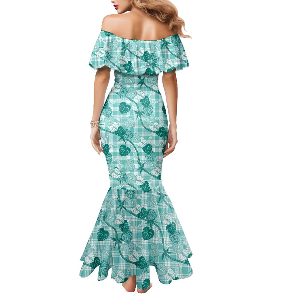 Anthurium Pikake Ti Leaf Palaka Family Matching Mermaid Dress and Hawaiian Shirt Turquoise Version LT01 - Polynesian Pride