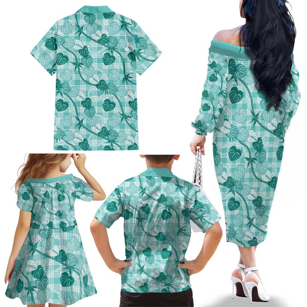Anthurium Pikake Ti Leaf Palaka Family Matching Off The Shoulder Long Sleeve Dress and Hawaiian Shirt Turquoise Version LT01 - Polynesian Pride