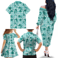 Anthurium Pikake Ti Leaf Palaka Family Matching Off The Shoulder Long Sleeve Dress and Hawaiian Shirt Turquoise Version LT01 - Polynesian Pride