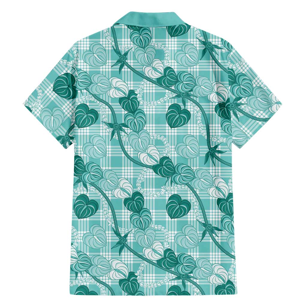 Anthurium Pikake Ti Leaf Palaka Family Matching Off The Shoulder Long Sleeve Dress and Hawaiian Shirt Turquoise Version LT01 - Polynesian Pride