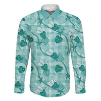 Anthurium Pikake Ti Leaf Palaka Family Matching Off The Shoulder Long Sleeve Dress and Hawaiian Shirt Turquoise Version LT01 Dad's Shirt - Long Sleeve Turquoise - Polynesian Pride