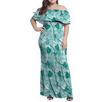 Anthurium Pikake Ti Leaf Palaka Family Matching Off Shoulder Maxi Dress and Hawaiian Shirt Turquoise Version LT01 Mom's Dress Turquoise - Polynesian Pride