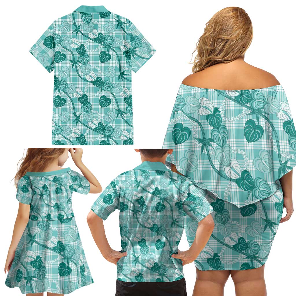 Anthurium Pikake Ti Leaf Palaka Family Matching Off Shoulder Short Dress and Hawaiian Shirt Turquoise Version LT01 - Polynesian Pride