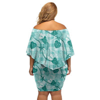Anthurium Pikake Ti Leaf Palaka Family Matching Off Shoulder Short Dress and Hawaiian Shirt Turquoise Version LT01 - Polynesian Pride