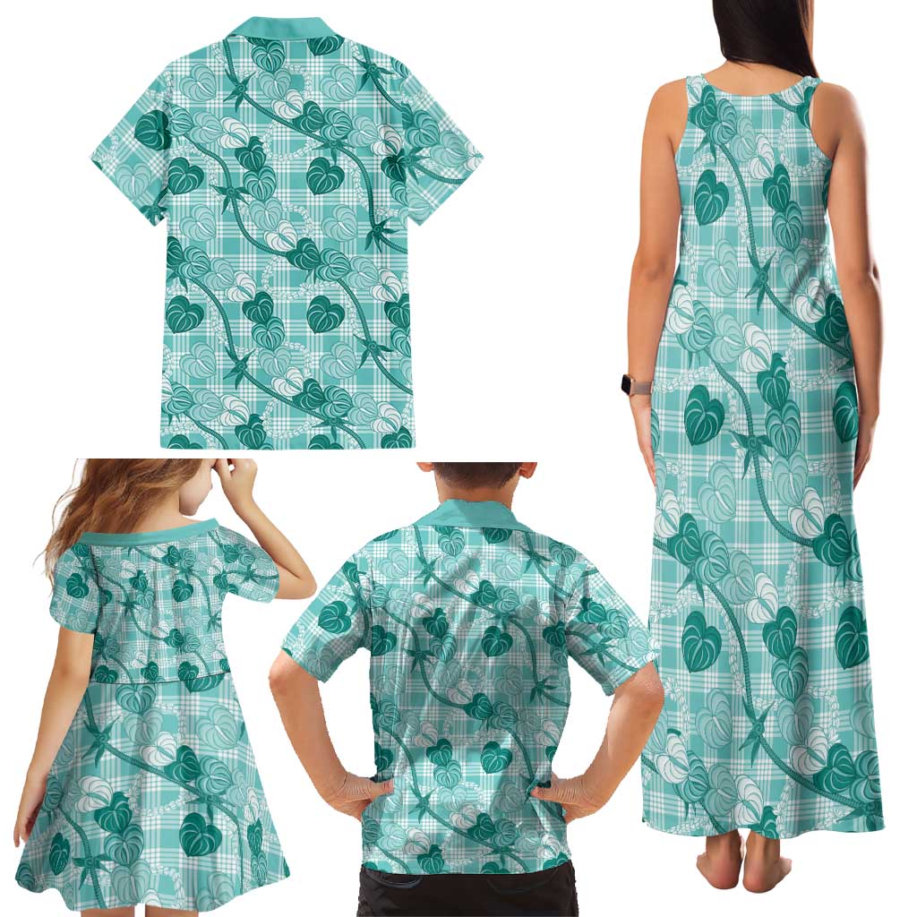 Anthurium Pikake Ti Leaf Palaka Family Matching Tank Maxi Dress and Hawaiian Shirt Turquoise Version LT01 - Polynesian Pride