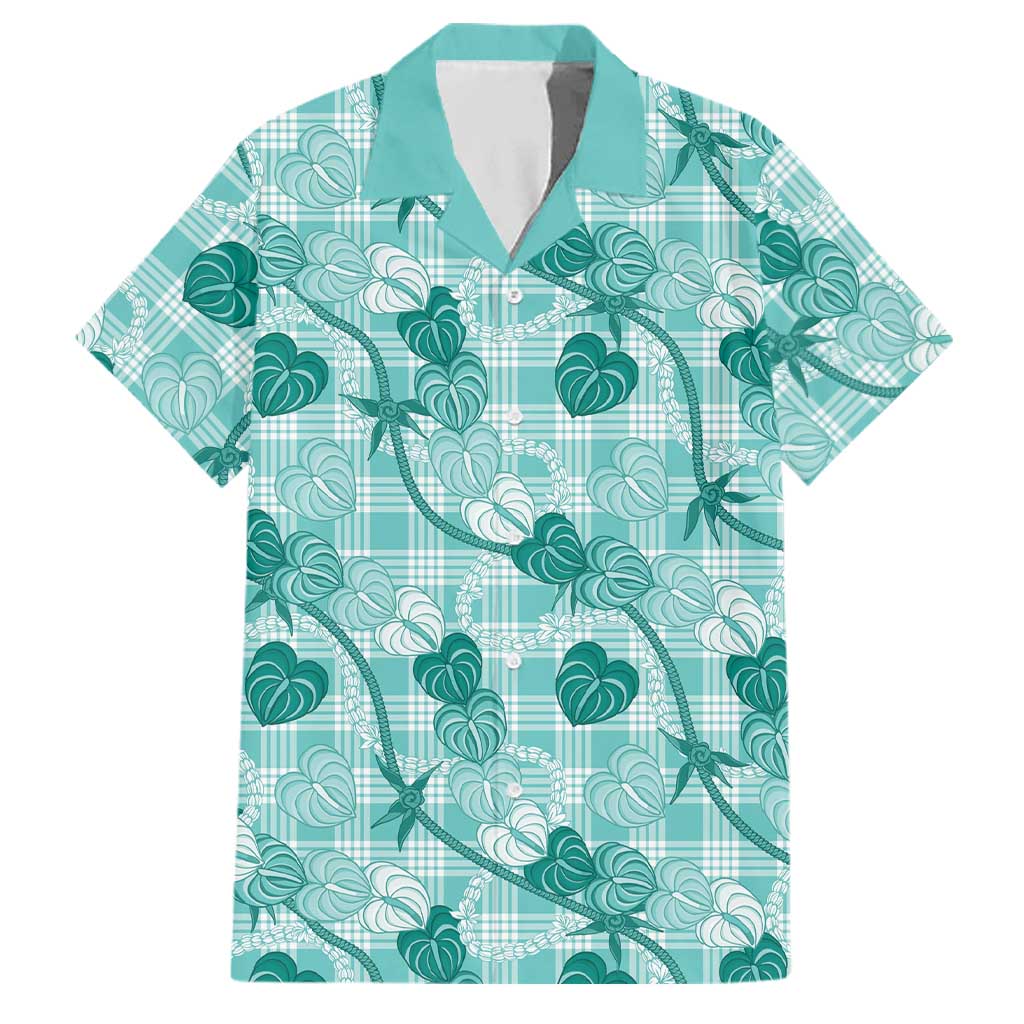Anthurium Pikake Ti Leaf Palaka Family Matching Tank Maxi Dress and Hawaiian Shirt Turquoise Version LT01 Dad's Shirt - Short Sleeve Turquoise - Polynesian Pride