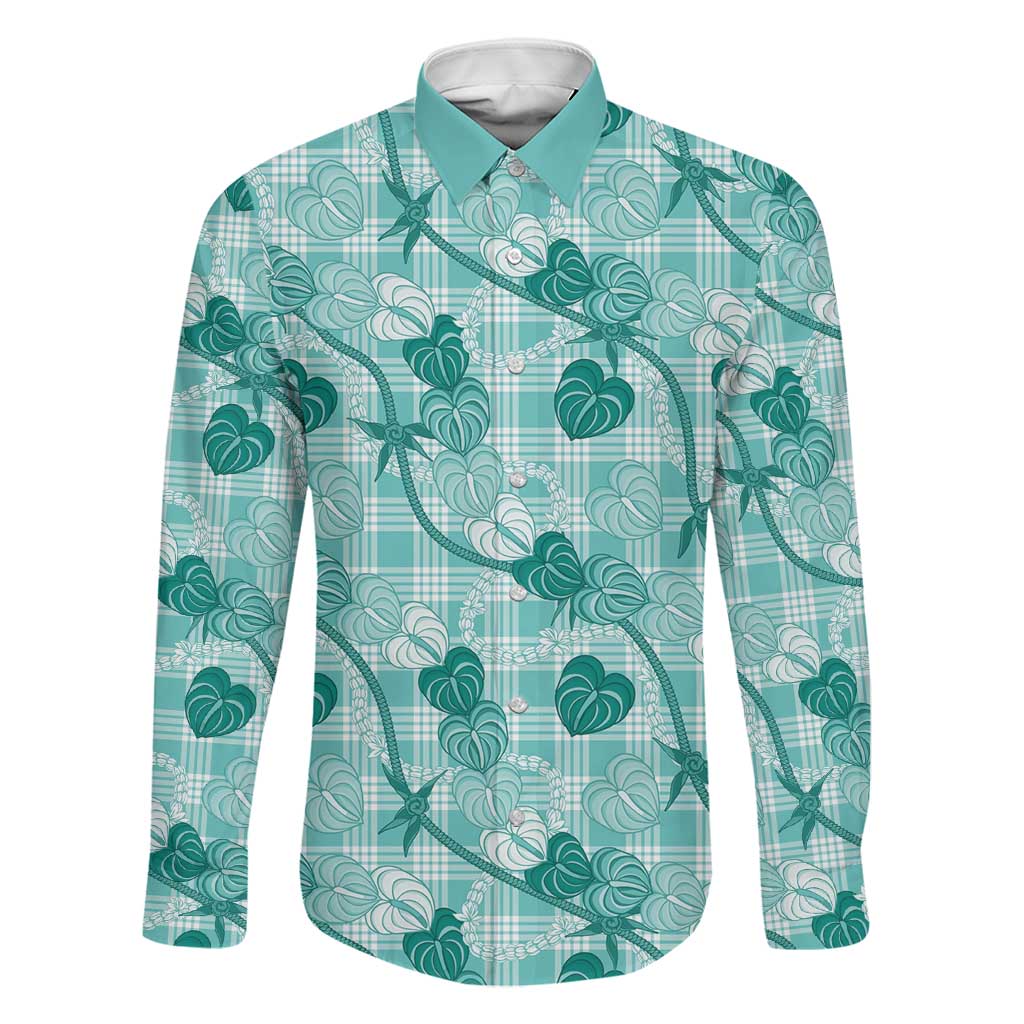 Anthurium Pikake Ti Leaf Palaka Family Matching Tank Maxi Dress and Hawaiian Shirt Turquoise Version LT01 Dad's Shirt - Long Sleeve Turquoise - Polynesian Pride