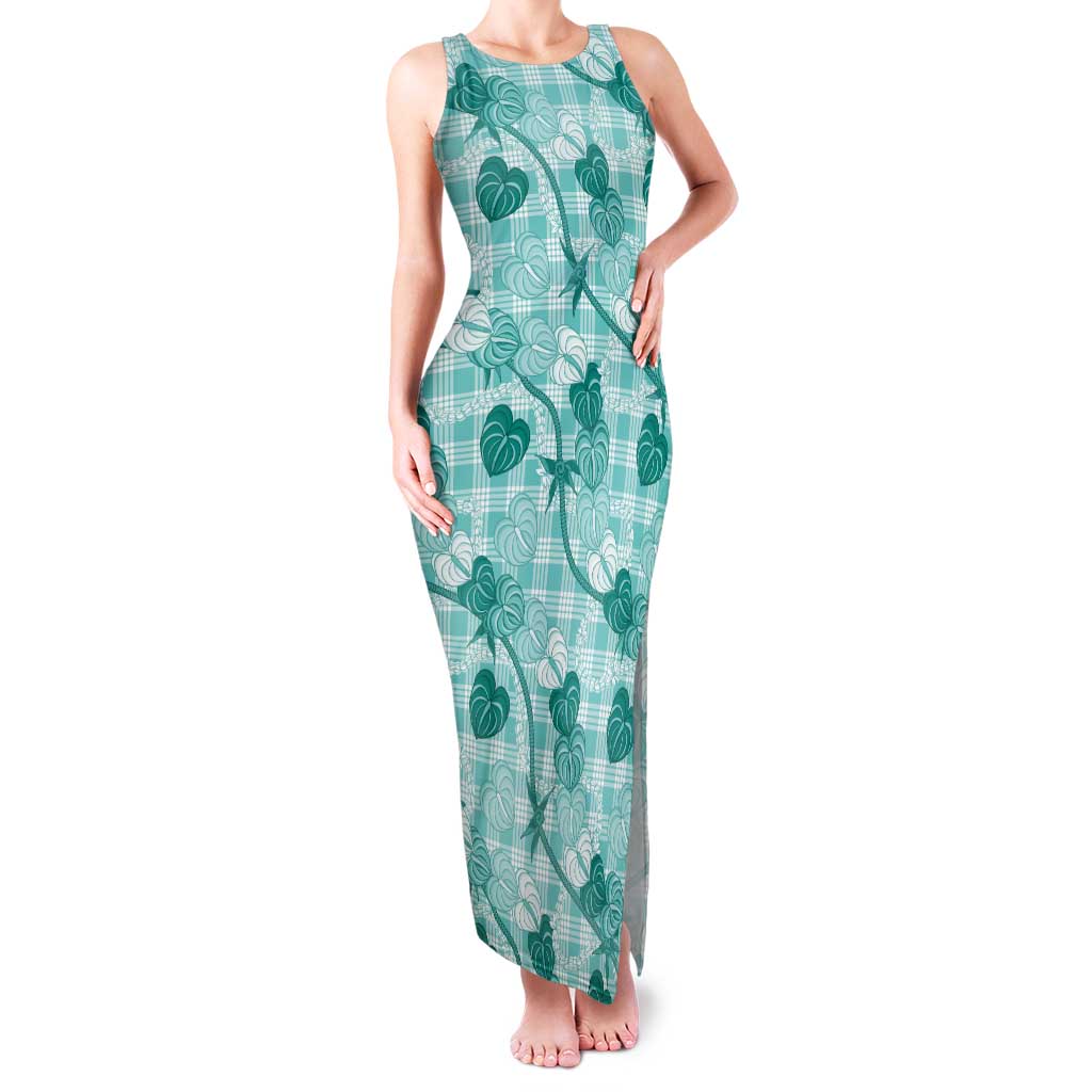 Anthurium Pikake Ti Leaf Palaka Family Matching Tank Maxi Dress and Hawaiian Shirt Turquoise Version LT01 Mom's Dress Turquoise - Polynesian Pride