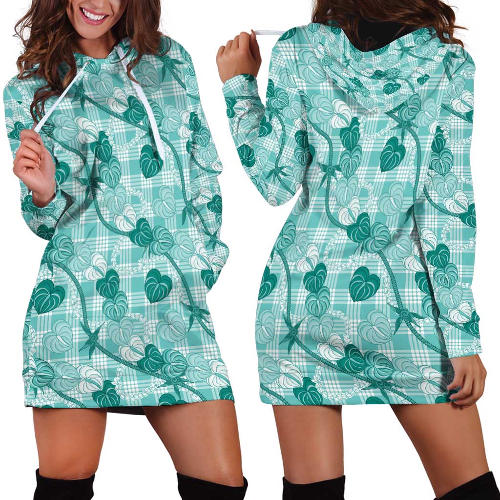Anthurium Pikake Ti Leaf Palaka Hoodie Dress Turquoise Version