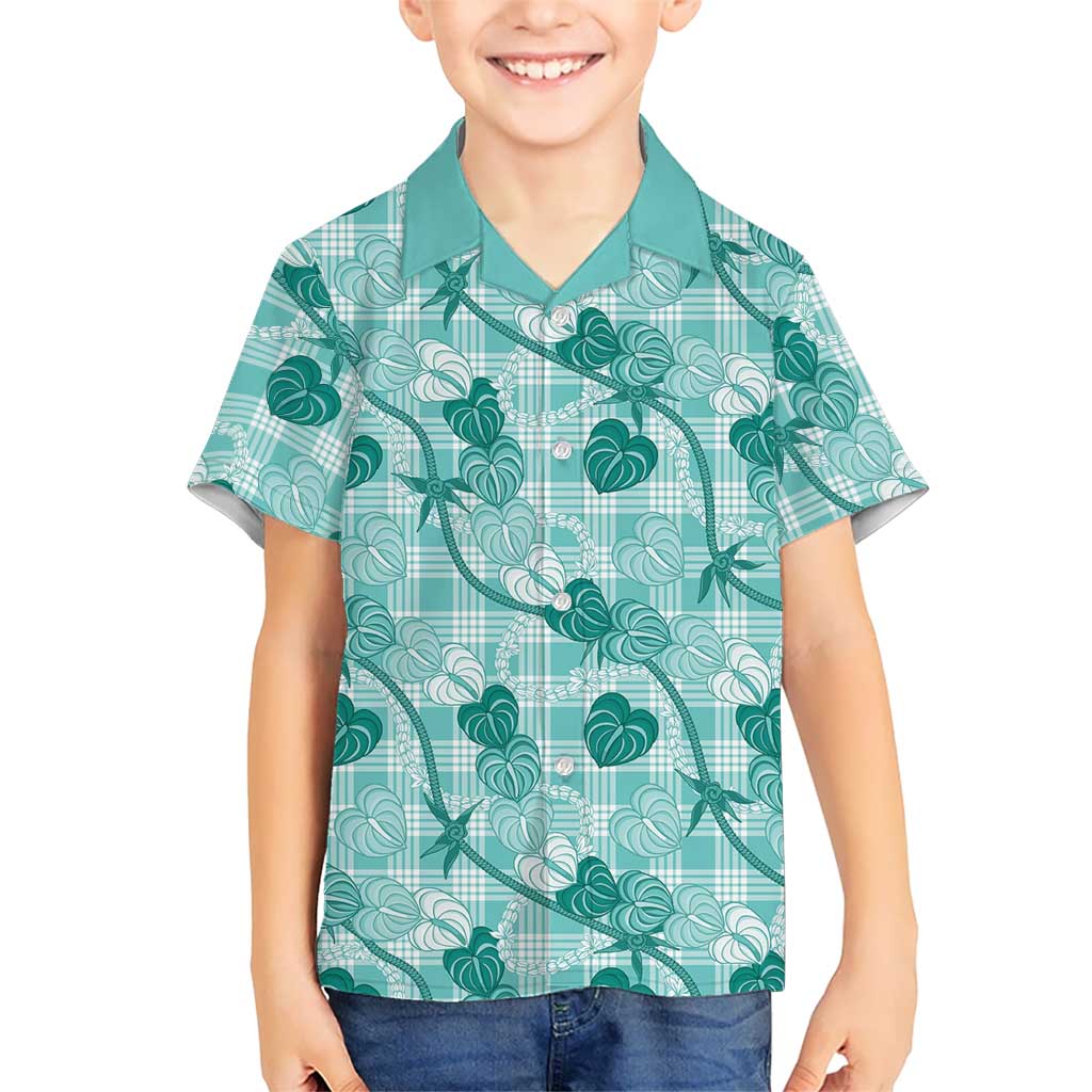 Anthurium Pikake Ti Leaf Palaka Kid Hawaiian Shirt Turquoise Version LT01 Kid Turquoise - Polynesian Pride