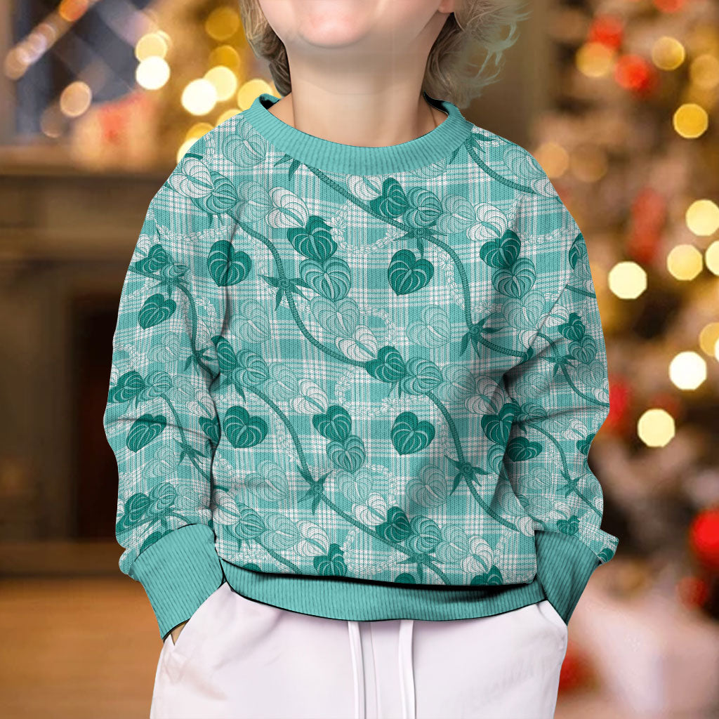 Anthurium Pikake Ti Leaf Palaka Kid Ugly Christmas Sweater Turquoise Version LT01 - Polynesian Pride