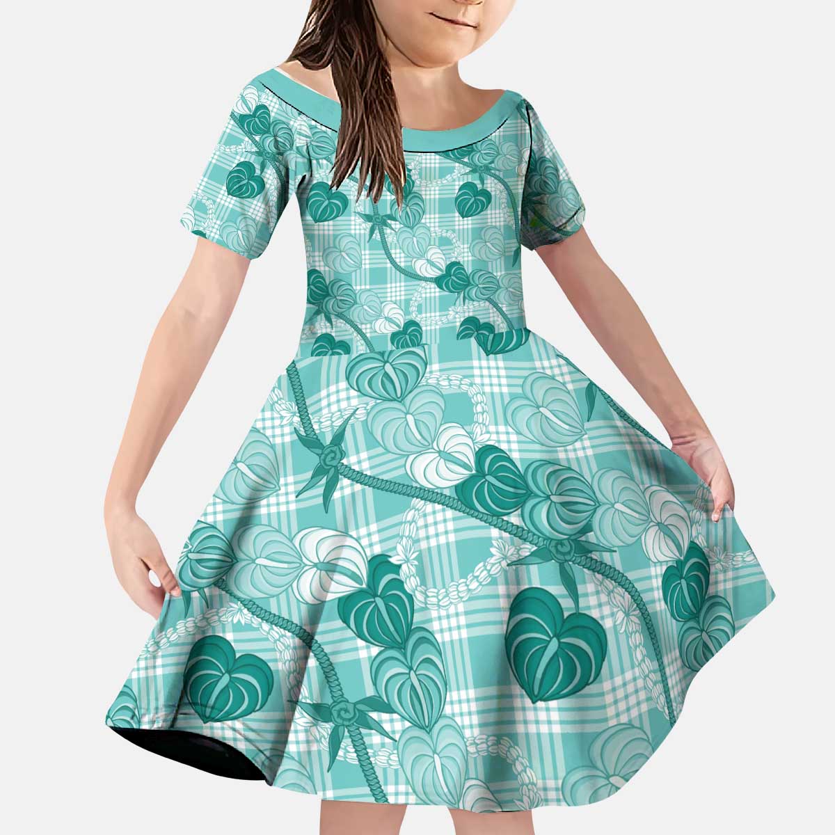 Anthurium Pikake Ti Leaf Palaka Kid Short Sleeve Dress Turquoise Version LT01 KID Turquoise - Polynesian Pride