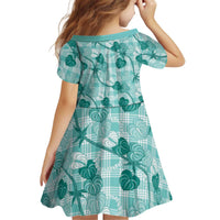 Anthurium Pikake Ti Leaf Palaka Kid Short Sleeve Dress Turquoise Version LT01 - Polynesian Pride
