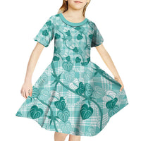 Anthurium Pikake Ti Leaf Palaka Kid Short Sleeve Dress Turquoise Version LT01 - Polynesian Pride