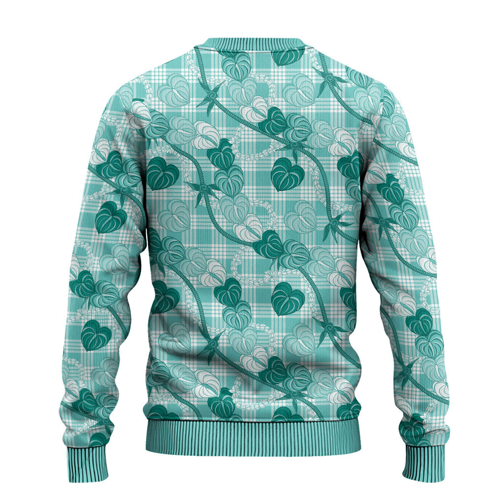 Anthurium Pikake Ti Leaf Palaka Ugly Christmas Sweater Turquoise Version LT01 - Polynesian Pride