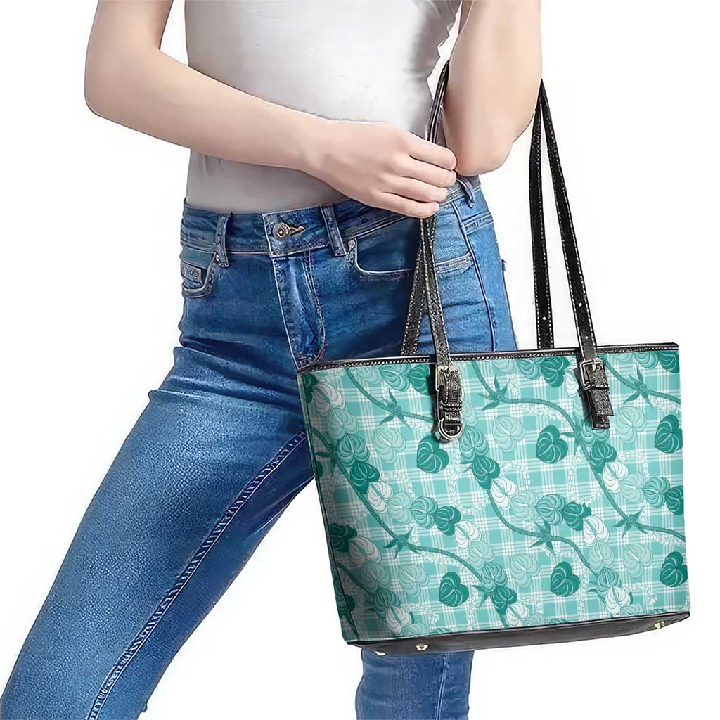 Anthurium Pikake Ti Leaf Palaka Leather Tote Bag Turquoise Version