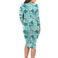 Anthurium Pikake Ti Leaf Palaka Long Sleeve Bodycon Dress Turquoise Version