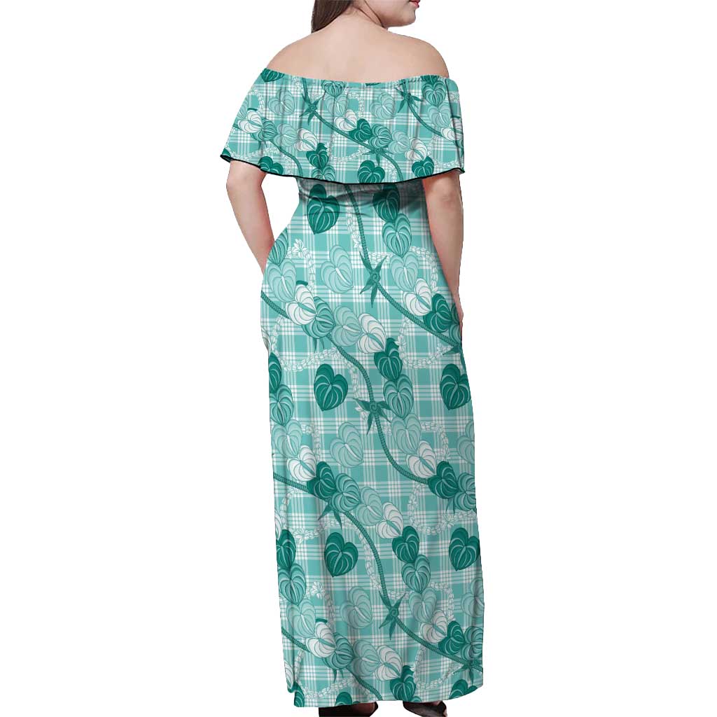 Anthurium Pikake Ti Leaf Palaka Off Shoulder Maxi Dress Turquoise Version