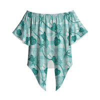 Anthurium Pikake Ti Leaf Palaka Off Shoulder Wrap Waist Top Turquoise Version LT01 Turquoise - Polynesian Pride