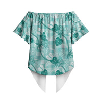 Anthurium Pikake Ti Leaf Palaka Off Shoulder Wrap Waist Top Turquoise Version LT01 - Polynesian Pride