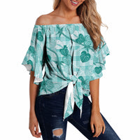 Anthurium Pikake Ti Leaf Palaka Off Shoulder Wrap Waist Top Turquoise Version LT01 - Polynesian Pride