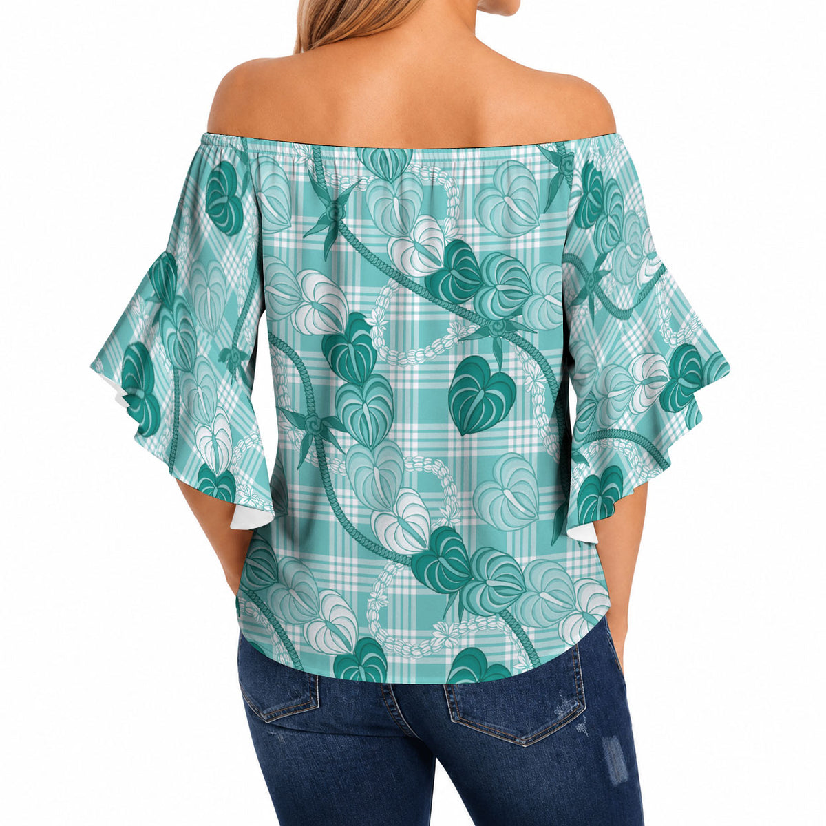 Anthurium Pikake Ti Leaf Palaka Off Shoulder Wrap Waist Top Turquoise Version LT01 - Polynesian Pride