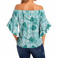 Anthurium Pikake Ti Leaf Palaka Off Shoulder Wrap Waist Top Turquoise Version LT01 - Polynesian Pride