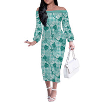 Anthurium Pikake Ti Leaf Palaka Off The Shoulder Long Sleeve Dress Turquoise Version