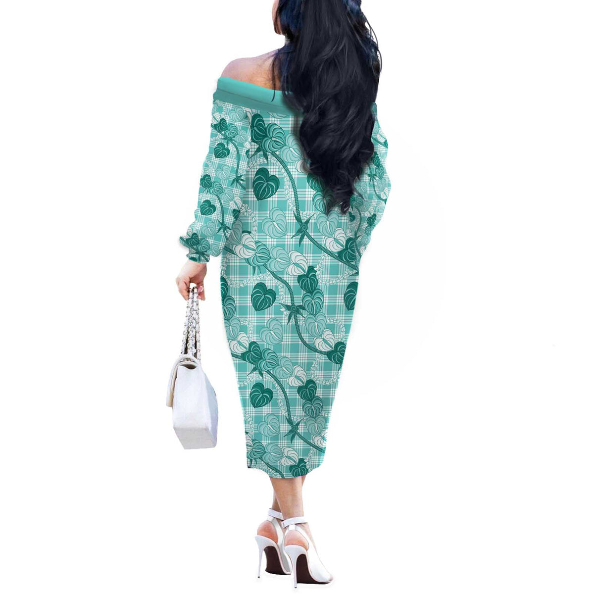 Anthurium Pikake Ti Leaf Palaka Off The Shoulder Long Sleeve Dress Turquoise Version